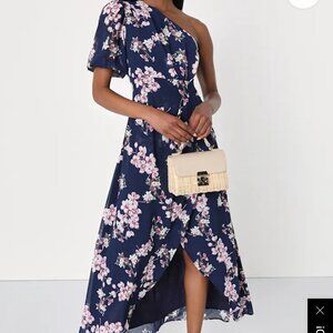 Lulus Sensational Perfection Navy Floral One-Shoulder High-Low Dress NWT